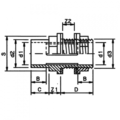 műanyag tartály csatlakozó PVC-U külső menetes (BSP) ragasztható tokkal és toldattal méretezett ábra